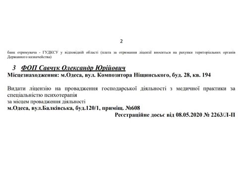 список лицензиантов — Психотерапевт А. Савчук