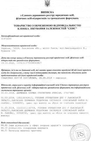 Відкриті данні про ліцензії, свідоцтва та сертифікати 2, - — Клініка лікування залежностей Resense