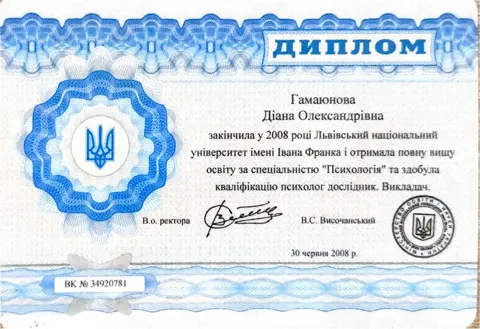 Гамаюнова Діана Олександрівна — диплом про закінчення Львівського національного університету ім. І.Франка (2008) — Вибір+